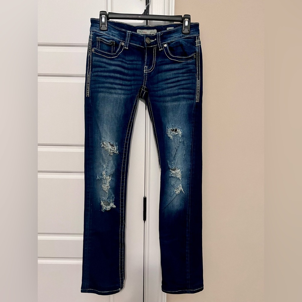 BKE Stella Dark Blue Distressed Straight Leg Jeans